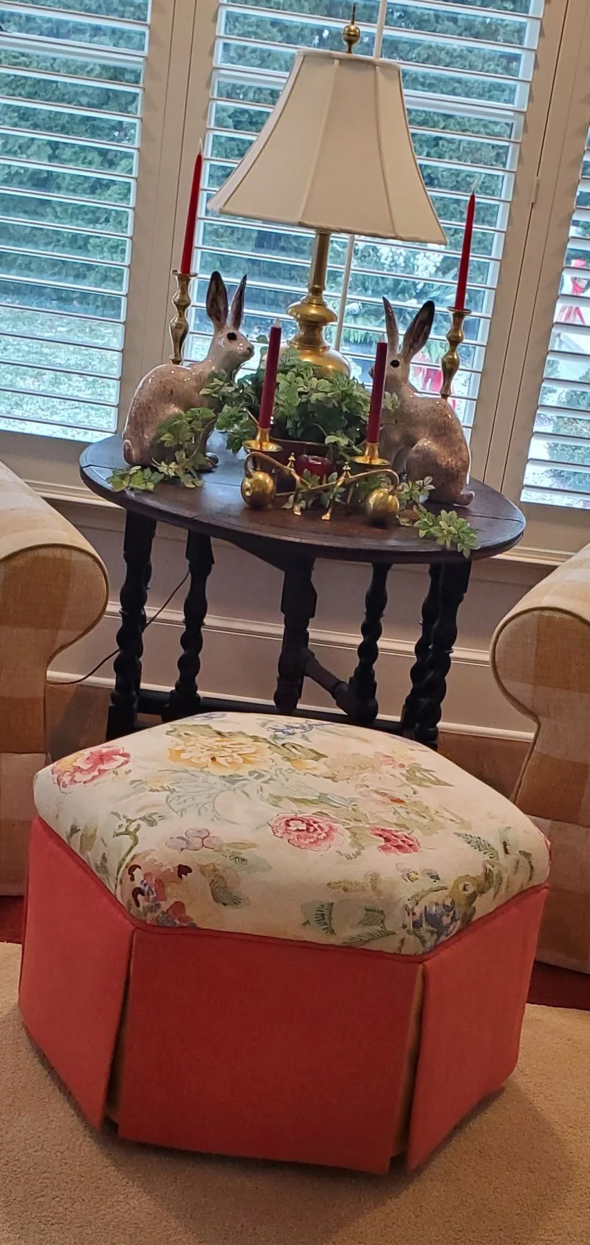 I updated this 6 sided unique ottoman by Creative Stitches Workroom in Grand Blanc, MI.